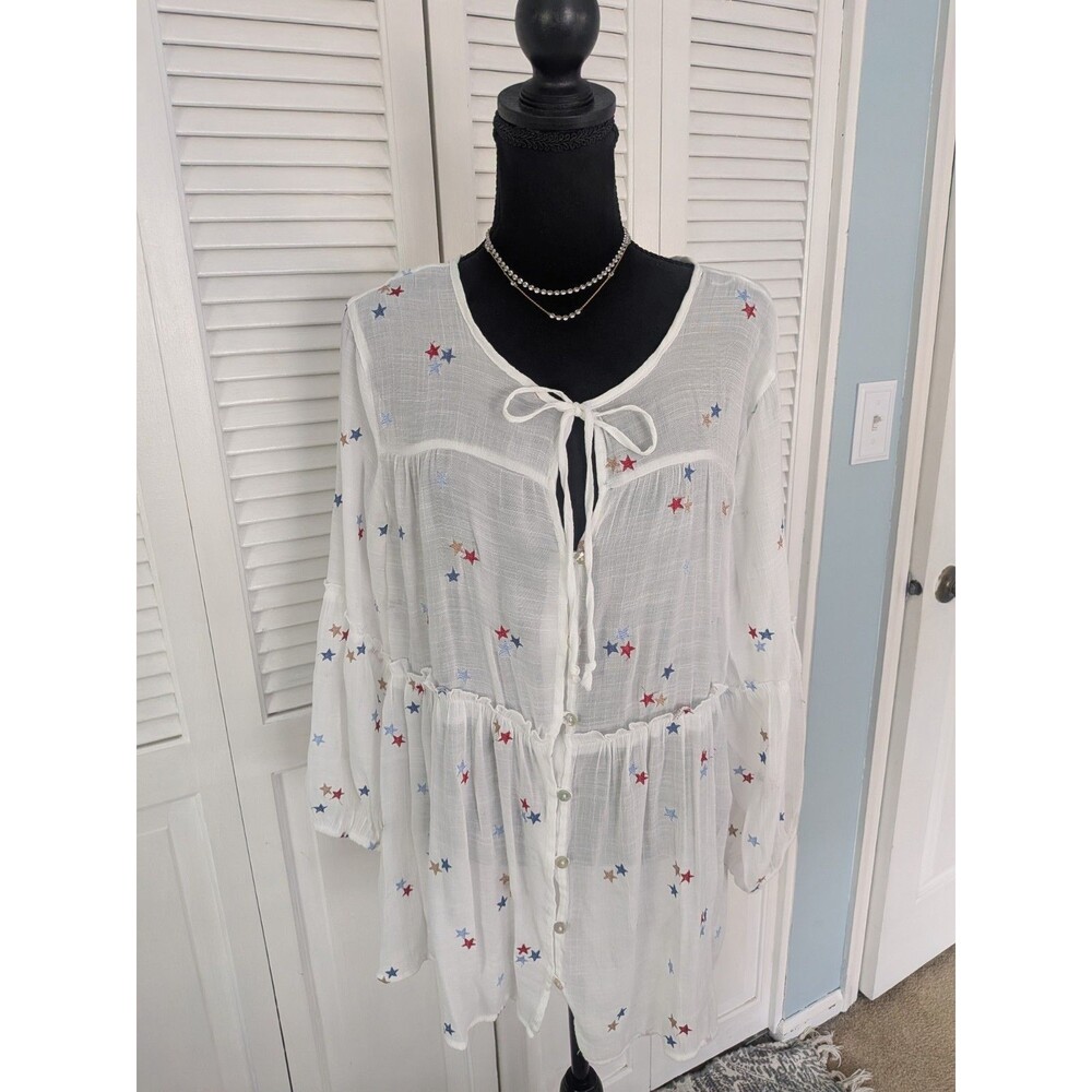 Hope Springs Boho Top Women's XXL White Stars Embroidered Tier Tunic America 250